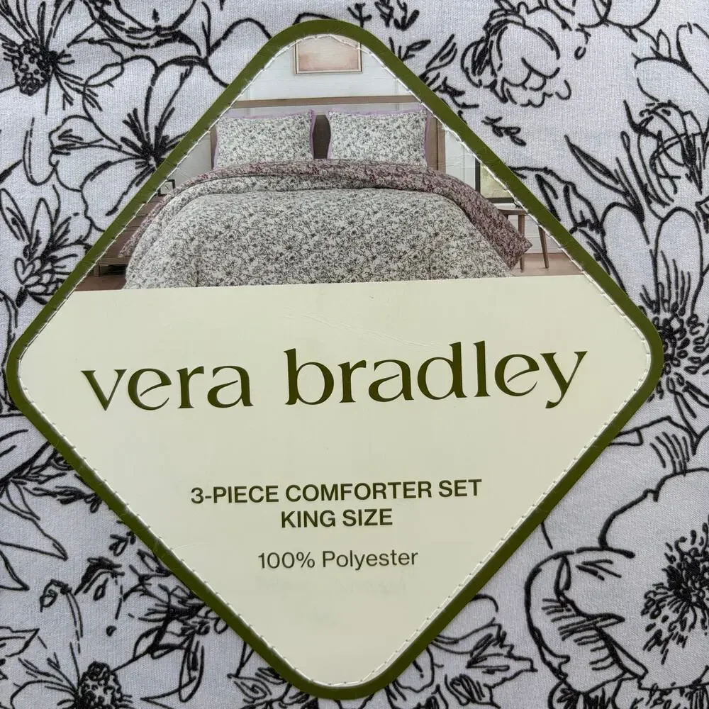 NWT Vera Bradley King 3-Piece Comforter Set, Floral Black and White Reversible